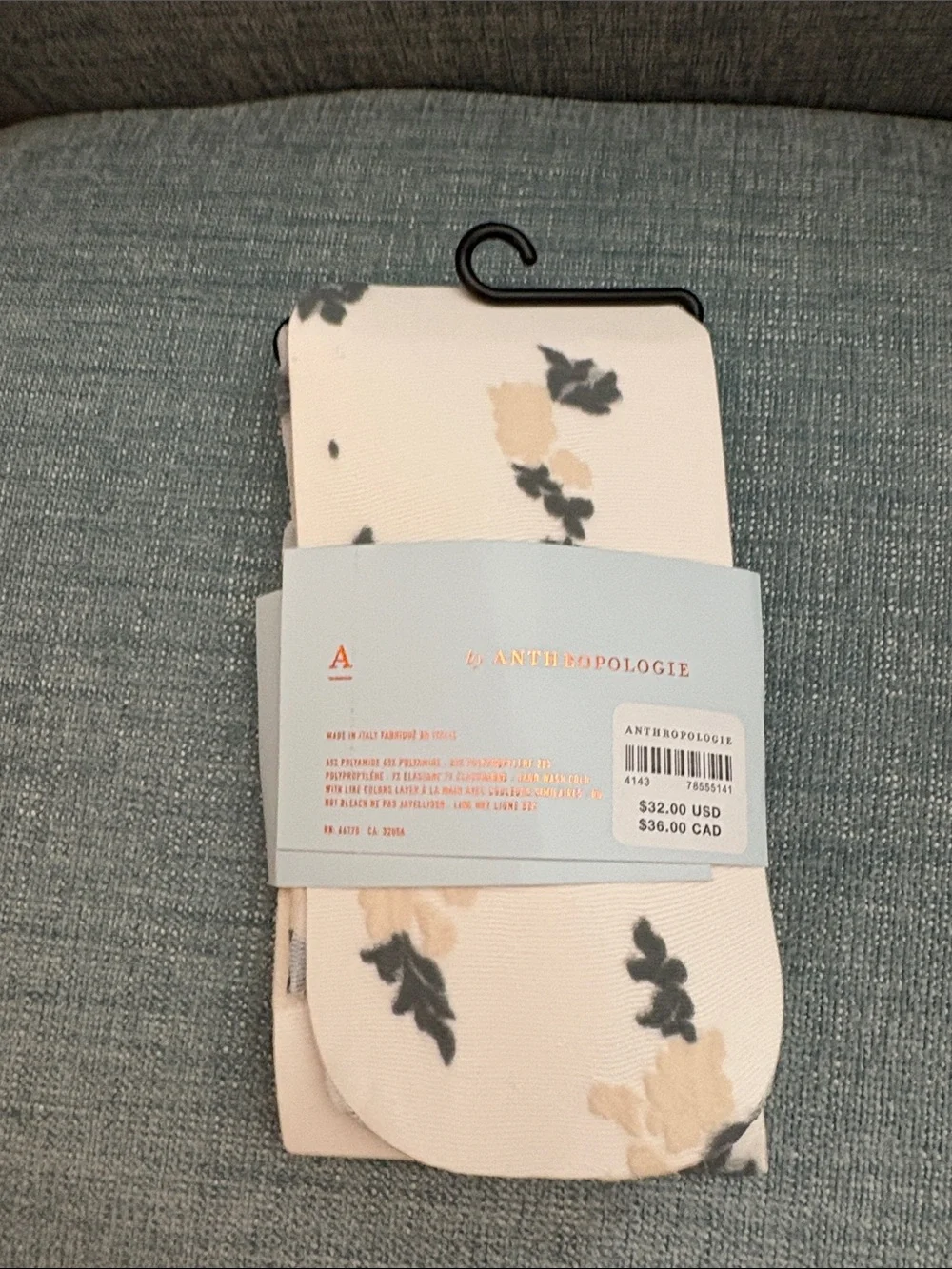Anthropologie Cream Floral Tights with Green Accents